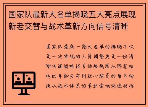 国家队最新大名单揭晓五大亮点展现新老交替与战术革新方向信号清晰